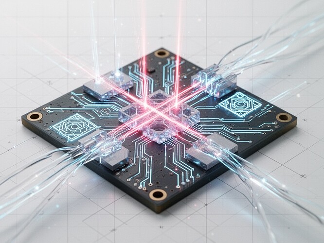 Photonic computing visualization showing precise laser beam interference patterns on circuit traces