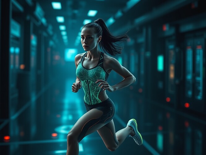 Marathoner mid-stride, lactate curve glowing like a neon wave, veins pulsing with encrypted 256-bit circuits