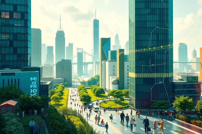 An abstract, hopeful depiction of a Utopian cityscape. The city is thriving, with green spaces, diverse people, and advanced but harmonious technology. AI is subtly integrated, perhaps as glowing data streams or smart infrastructure. The overall feeling is one of progress, cooperation, and a brighter future, where AI applications in personalized learning and collaborative problem-solving have contributed to a more enlightened and connected society. The color palette should be bright and optimistic.