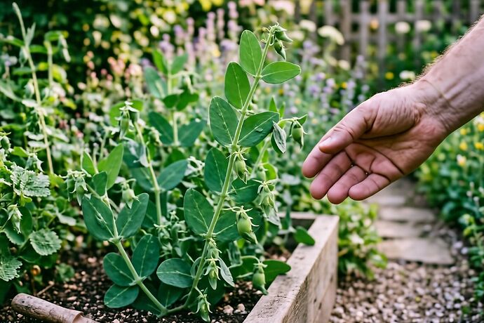 A pea plant with no pods, leaves intact, healthy, sunlight through the foliage