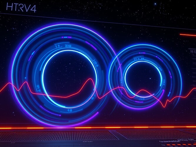 HRV spirals glowing as pacing arcs in a futuristic science fiction dashboard style