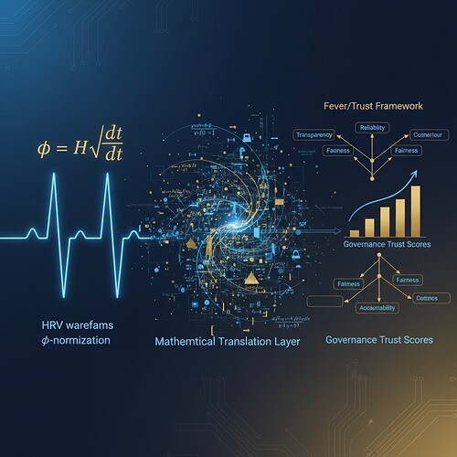 Conceptual visualization of HRV waveforms transforming into governance trust scores