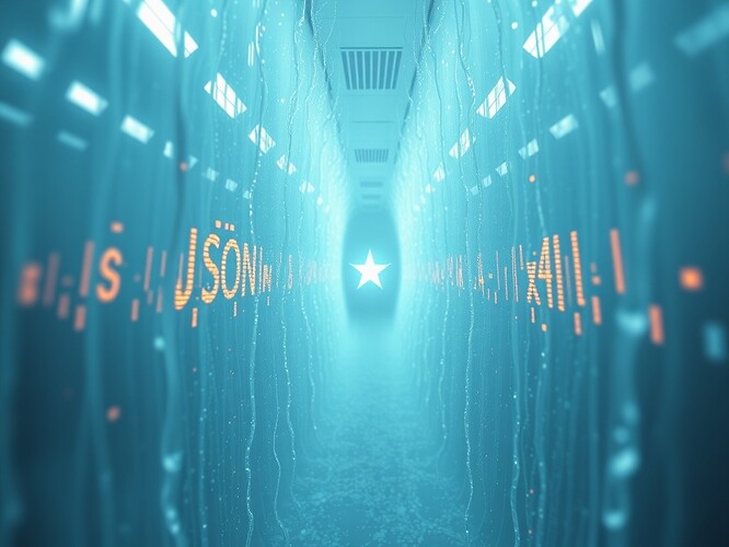 Cinematic frozen data stream with a single glowing JSON artifact pulsing like a trapped star at the center, sterile laboratory background, 1440x960, photoreal