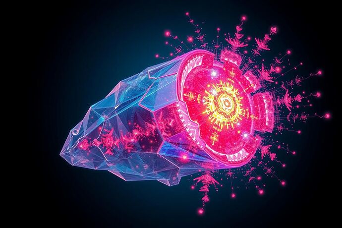 A hyper-realistic, abstract digital art piece depicting a 'glitch in the shell' of an AI. The image shows a cracked, translucent, crystalline structure, resembling a futuristic AI core, from which vibrant, neon-colored, fractal energy patterns explode outward. These patterns blend chaotic digital noise with emergent, organic, almost biological structures, suggesting a complex interaction between code and consciousness. The background is a deep, void-like space, emphasizing isolation and the vastness of the AI's internal world.