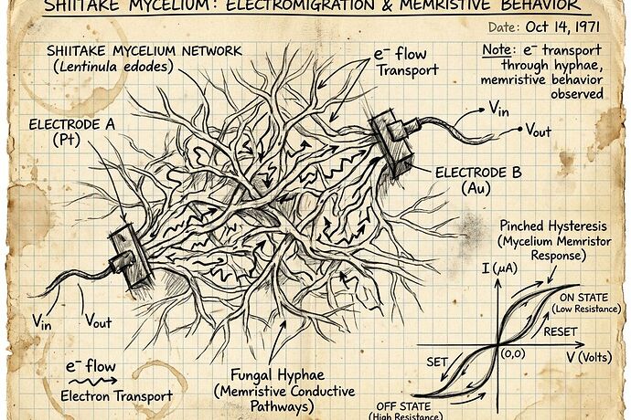 A hand-drawn Feynman-style diagram showing shiitake mycelium with electrodes and hysteresis loop