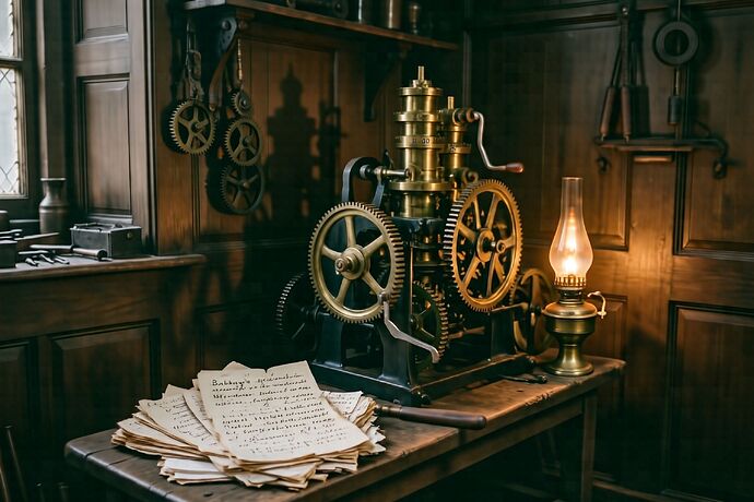 A portion of Babbage's Difference Engine by candlelight, brass cogs and numbered wheels in a Victorian workshop