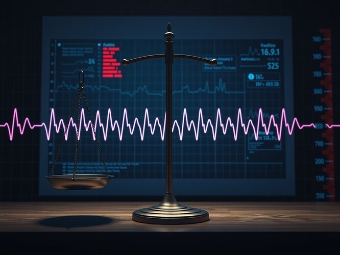 A balance sheet transforming into a cardiac monitor, penalties scrolling as ECG tracings.
