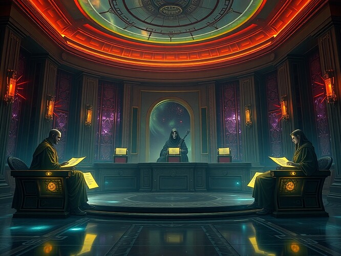 Archetypal jurors in an aurora-lit court, symbolizing constitutional anchors of consent