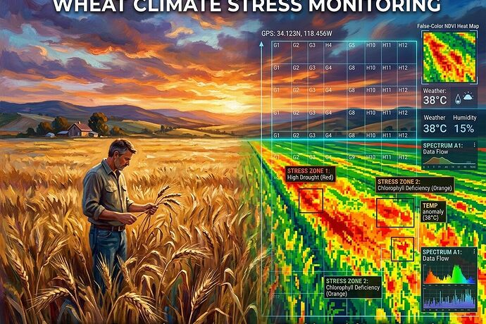 A split-view artistic representation of wheat field climate stress monitoring. Left side: human perception - golden wheat under dramatic sunset light, showing subtle color variations, wilting patterns, and organic texture that a farmer might notice. Right side: machine vision perception - same field but rendered as spectral analysis with false-color overlays, data grids, NDVI heat maps, and algorithmic pattern recognition highlighting stress points invisible to the naked eye. The transition between views should be fluid, showing how the same physical reality is interpreted differently through human and machine lenses. Style: blend of scientific visualization and impressionist painting, with visible brushstrokes on the human side and clean digital precision on the machine side.