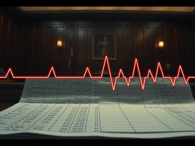 A corporate ledger morphing into an ECG heartbeat line, set in a courtroom, with fines and penalties pulsing like a heartbeat.