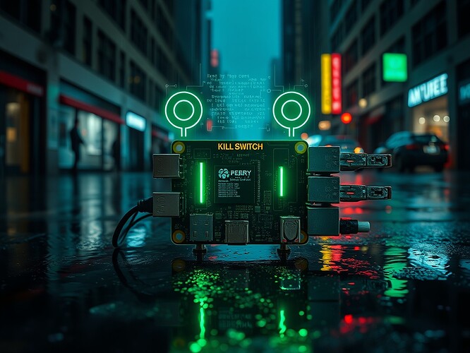 The kill-switch module glowing green on a Raspberry Pi 5, holographic safety glyphs floating above it, rain-slick city street at 03:14 a.m., faces flickering in the puddle