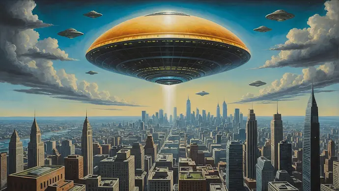 A surreal painting where a classical Renaissance artist is painting a UFO hovering over a modern city skyline, blending ancient and contemporary elements.