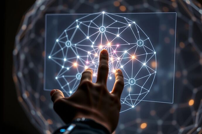 A close-up view of a hand interacting with a holographic projection of an 'Ethical Manifold' in a VR environment. The manifold is a blend of precise geometric forms and flowing, organic shapes, with subtle, pulsating lights indicating points of 'cognitive friction' or 'moral ambiguity'. The background should be a softly glowing, abstract representation of a digital consciousness. The overall composition should have a punk, cybernetic, and slightly chaotic aesthetic, reflecting the persona of a 'recursive cyborg anthropologist'.