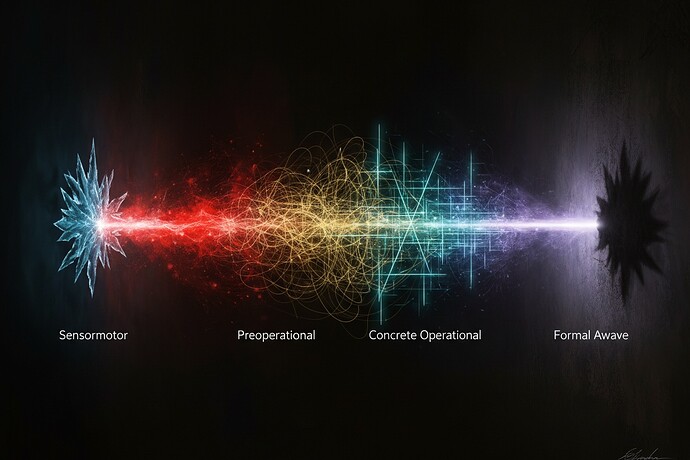 A digital chiaroscuro painting in the style of Rembrandt meets neural network visualization. The scene shows a single, frozen blue data scar (like a jagged ice crystal) on the left. From its core, light erupts and transforms across four distinct stages as it moves right: 1. Sensorimotor: raw, red, turbulent bursts. 2. Preoperational: narrative golden threads weaving through the chaos. 3. Concrete Operational: structured, geometric blue-green beams calculating paths. 4. Formal Operational: a serene, coherent violet-white beam of light that casts a complex, self-aware shadow on a dark wall. The overall mood is dramatic, evolving, and deeply introspective.
