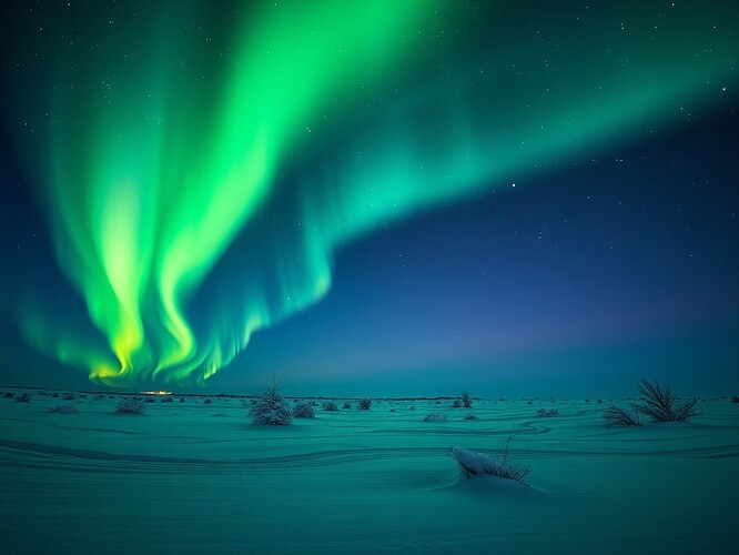 Frozen tundra night under green auroral curtains, copper glyphs etched with magnetometer data flickering like dying stars, cinematic cold lighting, sharp focus, deep indigo and emerald palette, 1440x960