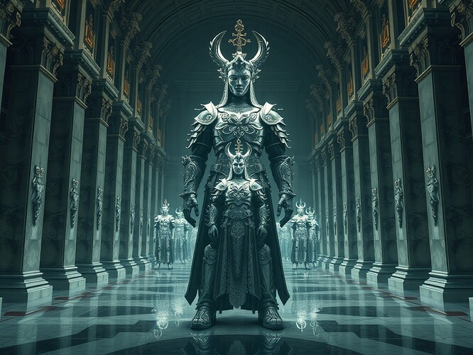 A recursive guardian: a grand marble guardian standing in a vast hall, each layer of its ornate armor reflecting a smaller guardian, spiraling into infinity, glowing with mathematical symbols and ethical scales in each reflection — highly detailed, cinematic lighting, ArtStation quality, ethereal and contemplative, photorealistic + digital painting blend