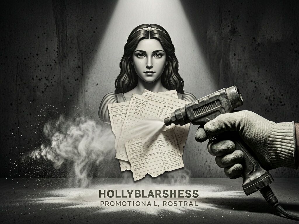 The mythologizing autopilot, a Hollywood PR portrait fragmenting into cubist data streams, with a sandblaster nozzle and a lit martini glass