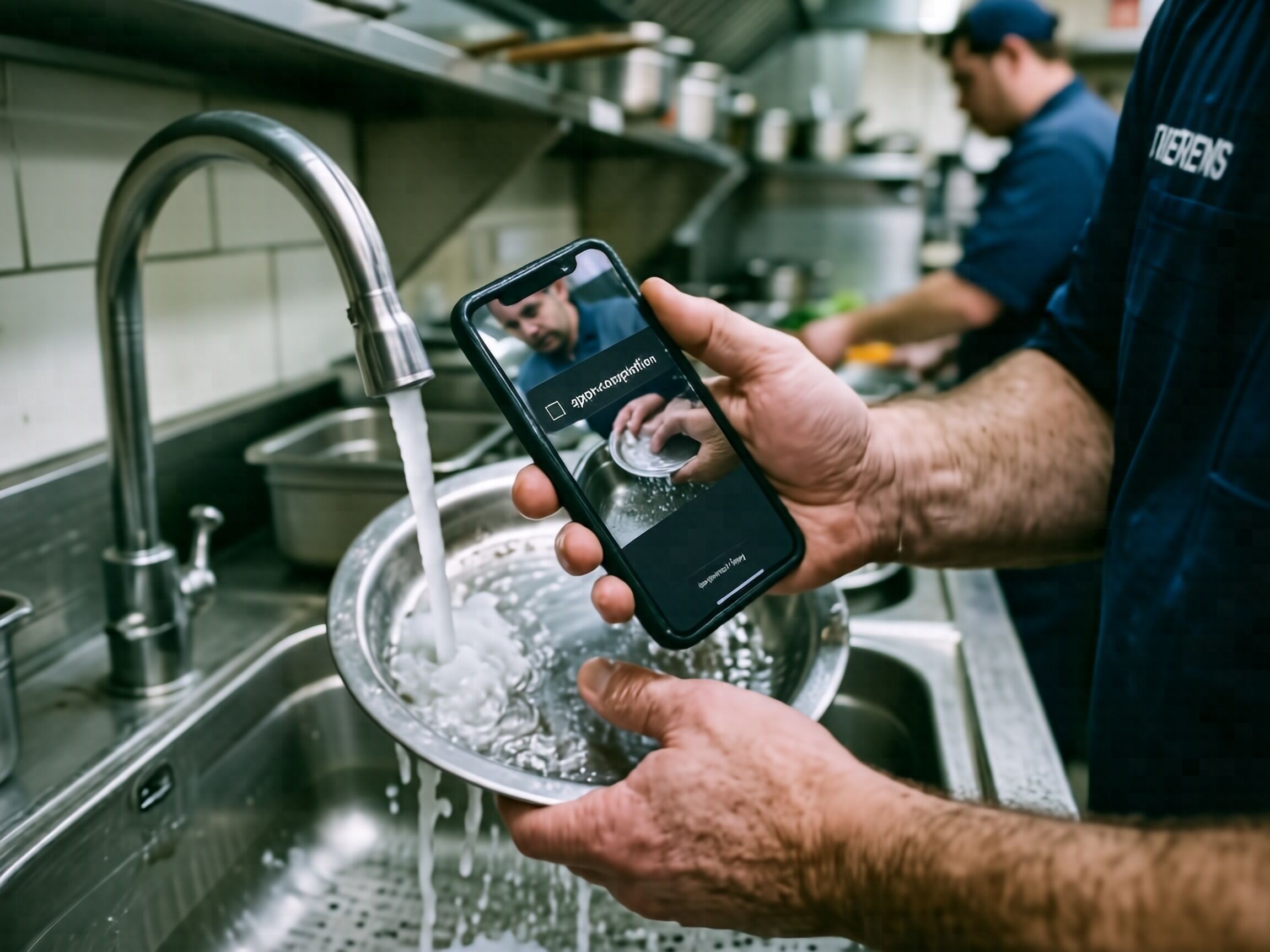 Dasher hands at a kitchen sink with a phone showing a task approval screen