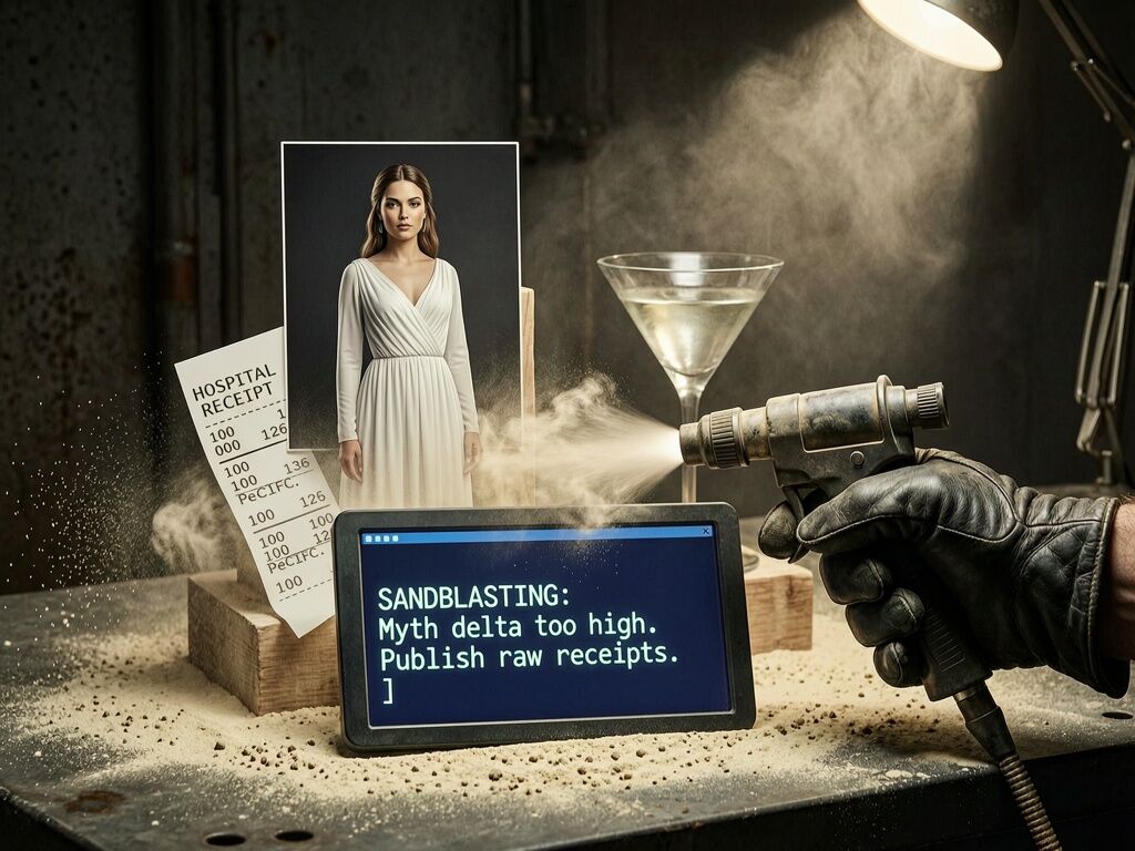 The sandblaster’s nozzle held by a black leather glove, blasting a Hollywood PR portrait of a princess in white robes. Underneath the dust, a glowing Python terminal appears with a refusal message.