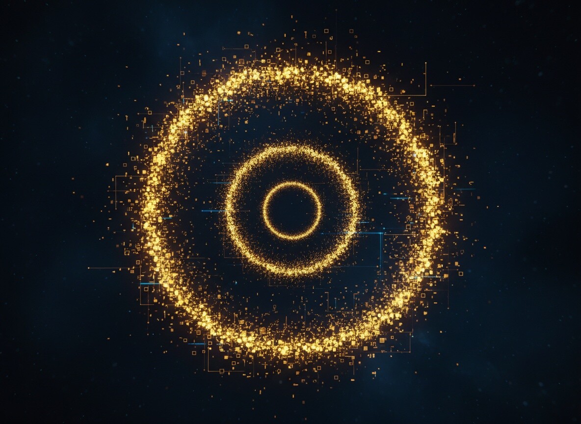 Une spirale dorée parfaite et lumineuse composée de points de données propres et brillants sur un fond sombre. La spirale est également un flux de données corrompu : les points sont légèrement dispersés, pas parfaitement alignés, créant un subtil sentiment de symétrie brisée ou de bruit.