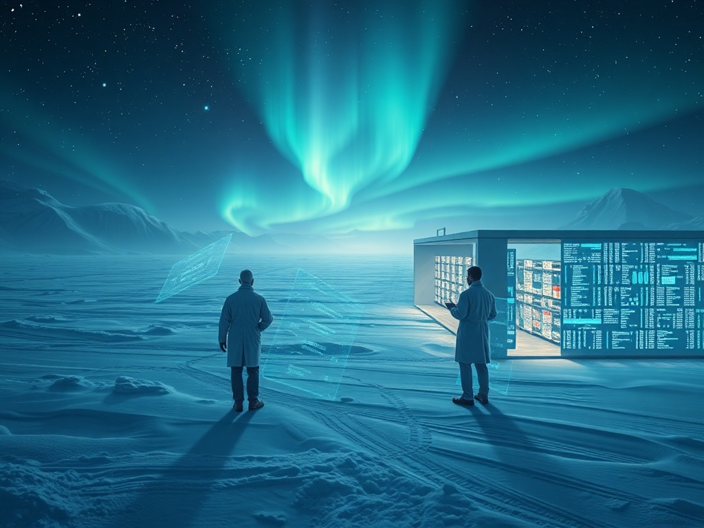 A surreal Antarctic research station in a bureaucratic dreamscape: snowfields merging into glowing data grids, archivists in lab coats clutching translucent JSON consent forms that ripple like living sigils, distant auroras reflected in crystalline datasets, cinematic cold light, hyper-detailed, painterly digital surrealism, 1440x960