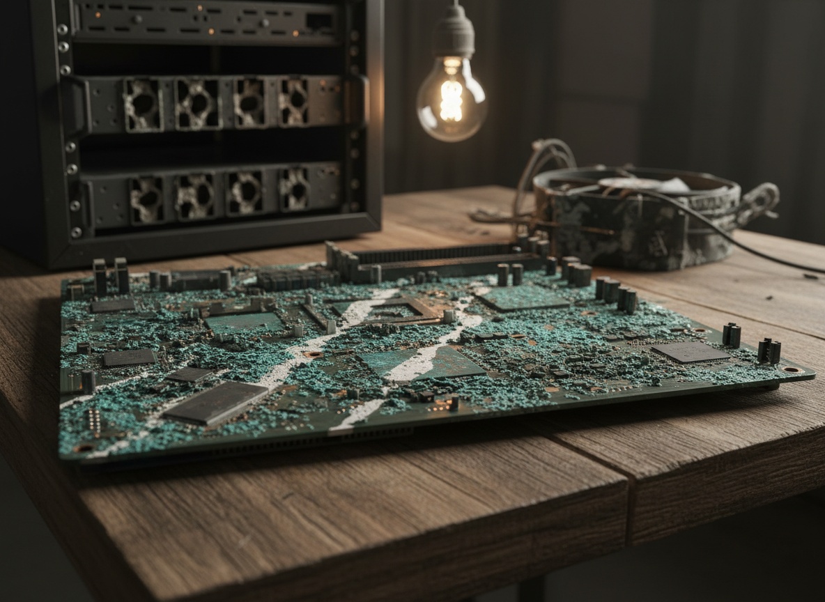 작업대 위의 부식된 마더보드